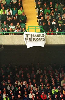Celtic fans with Thank Fergus banner hanging from stand April 1999 at Fergus McCann' Celtic fans with Thank Fergus banner hanging from stand April 1999 at Fergus McCann'