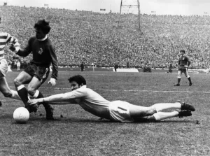 Celtic keeper Evan Williams at full stretch. 1970 Celtic keeper Evan Williams at full stretch. 1970