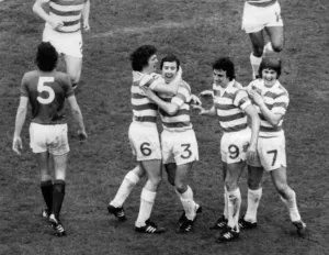 Celtic players celebrate after scoring goal against Rangers in FA Cup Final at hampden Celtic players celebrate after scoring goal against Rangers in FA Cup Final at hampden