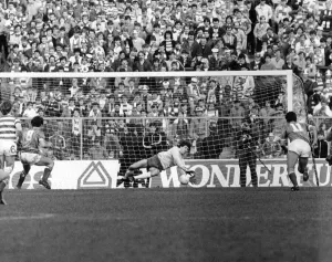 Celtic verses Rangers - 1984 Scottish League Cup Final. Pat Bonner parries Celtic verses Rangers - 1984 Scottish League Cup Final. Pat Bonner parries