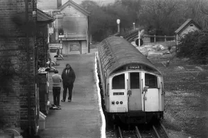 A Central Line train at the platform of Epping Station March 1980 A Central Line train at the platform of Epping Station March 1980