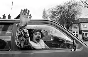 Child Entertainer: Mr. Blower the clown seen here in his car. March 1981 PM 81-01186-003 Child Entertainer: Mr. Blower the clown seen here in his car. March 1981 PM 81-01186-003