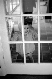 Child of Peter Shelley laughing at him through a glass door, while he plays with his dog Child of Peter Shelley laughing at him through a glass door, while he plays with his dog