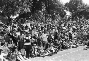 Children of all ages and backgrounds line the route of the 1973 Hillfields Carnival Children of all ages and backgrounds line the route of the 1973 Hillfields Carnival