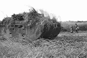 Children playing near a weed strewn Buffalo LVT American tank in a potato field Children playing near a weed strewn Buffalo LVT American tank in a potato field