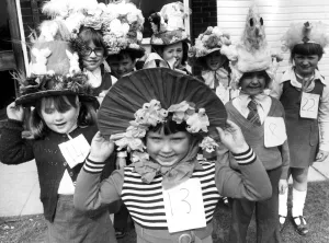 Children wearing their home made hats at the Easter bonnet parade, Chase Avenue Children wearing their home made hats at the Easter bonnet parade, Chase Avenue