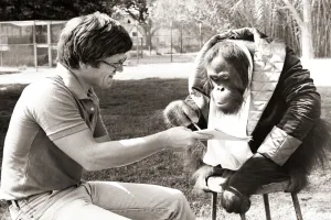 A chimpanzee wearing a man's jacket and clothes reading a paper with a man A chimpanzee wearing a man's jacket and clothes reading a paper with a man