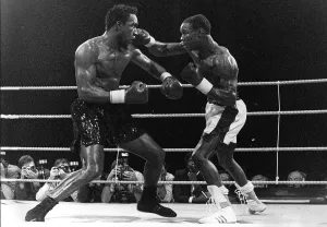 Chris Eubank Vs Nigel Benn in action during their WBO Middleweight World title fight at Chris Eubank Vs Nigel Benn in action during their WBO Middleweight World title fight at