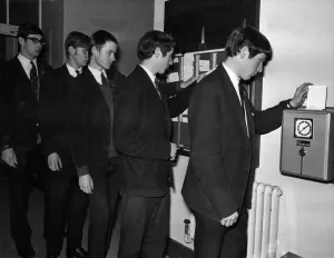 Clocking in at School: The boys clock-in at the Silver Jubilee School Clocking in at School: The boys clock-in at the Silver Jubilee School