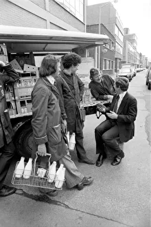 Colin Wills with milkmen from Clifton Street depot of Express Dairy. April 1975 Colin Wills with milkmen from Clifton Street depot of Express Dairy. April 1975
