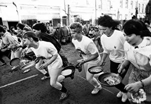 Competitors take part in the Alnwick Shrove Tuesday Pancake race 16 February 1988 Competitors take part in the Alnwick Shrove Tuesday Pancake race 16 February 1988