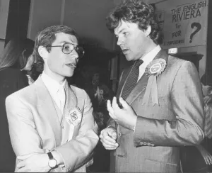 Conservative MP for Torbay Rupert Allason at the General Election count in June 1987 with Conservative MP for Torbay Rupert Allason at the General Election count in June 1987 with