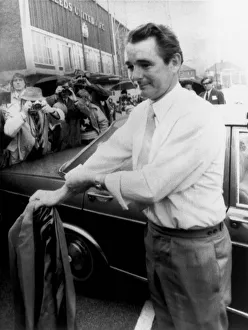 Controversial football manager Brian Clough arriving at Elland Road for his new job as Controversial football manager Brian Clough arriving at Elland Road for his new job as