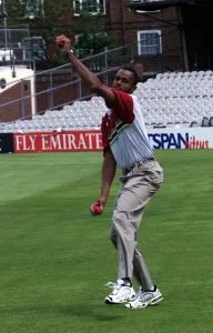 Cricket England World Cup 1999 West Indian fast Bowler delivers ball at the Oval to Cricket England World Cup 1999 West Indian fast Bowler delivers ball at the Oval to