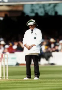 Cricket test umpire Dickie Bird weaing two hats, May 1993 Cricket test umpire Dickie Bird weaing two hats, May 1993