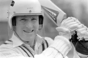 Cricketer Dennis Amiss wearing his specially designed skull dome for protection. May 1978 Cricketer Dennis Amiss wearing his specially designed skull dome for protection. May 1978