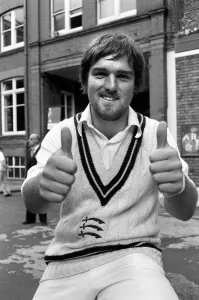 Cricketer Mike Gatting gives thumbs up. June 1980 Cricketer Mike Gatting gives thumbs up. June 1980