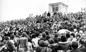 Crowds of football fans being controlled by police in 1978 Crowds of football fans being controlled by police in 1978