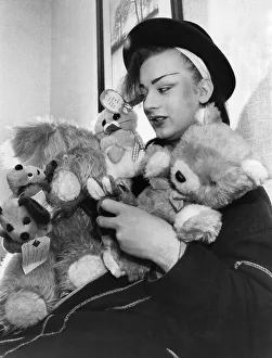 Culture club lead singer boy George with his cuddly toys he has saved from his fans Culture club lead singer boy George with his cuddly toys he has saved from his fans