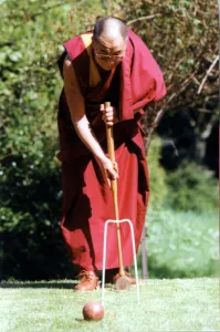 The Dalai Lama, the Tibetan spirtual leader pictured playing croquet at the Egerton Grey The Dalai Lama, the Tibetan spirtual leader pictured playing croquet at the Egerton Grey