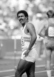 Daley Thompson after competing in the hurdles at the 1984 Olympics in Los Angeles Daley Thompson after competing in the hurdles at the 1984 Olympics in Los Angeles