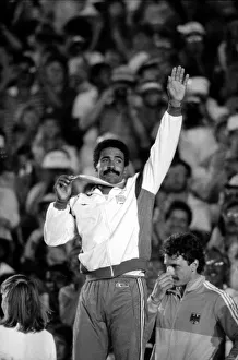 Daley Thompson on the podium with his gold medal at the 1984 Olympics in Los Angeles Daley Thompson on the podium with his gold medal at the 1984 Olympics in Los Angeles