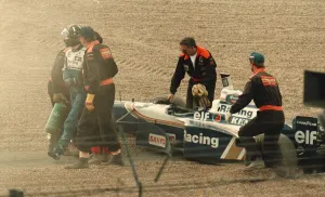 Damon Hill Motorcar Driver for Williams Renault of Grove Oxfordshire spins off on lap 27 Damon Hill Motorcar Driver for Williams Renault of Grove Oxfordshire spins off on lap 27