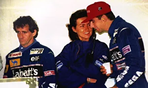 Damon Hill with his wife Georgie in the Williams pits on the left is Alain Prost Damon Hill with his wife Georgie in the Williams pits on the left is Alain Prost