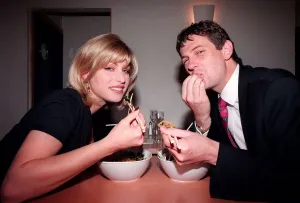 Dani Behr TV Presenter with cocktails September 1997 with Daily Mirror witer Dani Behr TV Presenter with cocktails September 1997 with Daily Mirror witer