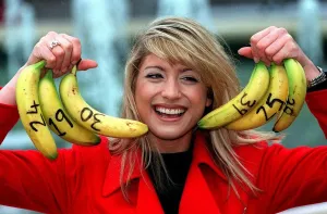 Dani Behr TV Presenter - numbers on bananas for her Lottery Show Dani Behr TV Presenter - numbers on bananas for her Lottery Show