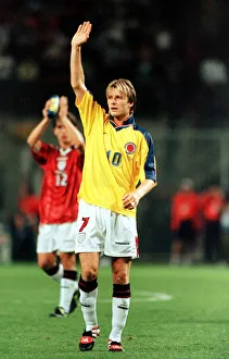 David Beckham celebrates victory for England June 1998 David Beckham David Beckham celebrates victory for England June 1998 David Beckham