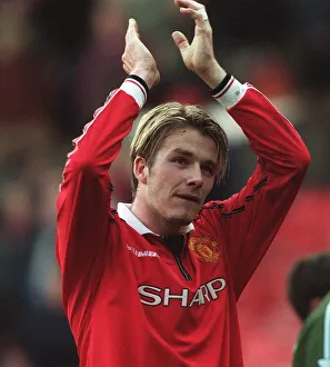 David Beckham celebrating after Manchester United Feb 1999 had beaten Southampton David Beckham celebrating after Manchester United Feb 1999 had beaten Southampton