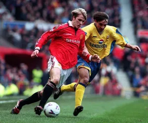 David Beckham of Manchester United Feb 1999 running with the ball v Southampton David Beckham of Manchester United Feb 1999 running with the ball v Southampton