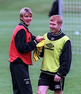 David Beckham and Paul Scholes May 1999 Manchester United footballers training at David Beckham and Paul Scholes May 1999 Manchester United footballers training at