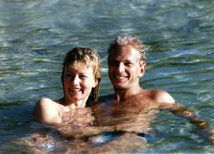 David Gower cricketer with Thorrun Nash in the sea during their visit to the West Indies David Gower cricketer with Thorrun Nash in the sea during their visit to the West Indies