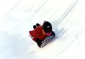 David Gower is tobogganing down a iced circuit, January 1990 David Gower is tobogganing down a iced circuit, January 1990