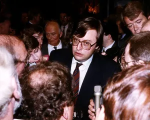 David Mellor Conservative Member of Parliament surrounded by journalists at the Press David Mellor Conservative Member of Parliament surrounded by journalists at the Press