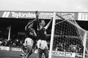David Platt blasts the ball past Neville Southall for Villa's fourth goal David Platt blasts the ball past Neville Southall for Villa's fourth goal