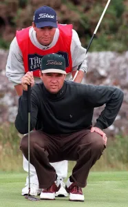 Davis Love 111 at Troon for Open Championship July 1997 with caddie as he works out his Davis Love 111 at Troon for Open Championship July 1997 with caddie as he works out his