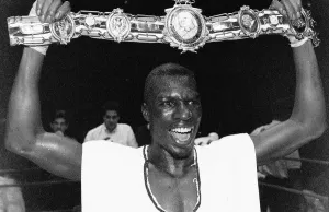 Del Bryan Boxing holds up the British Welterweight Championship belt after winning at Del Bryan Boxing holds up the British Welterweight Championship belt after winning at