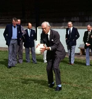 Images Dated 1st September 1986: Denis Thatcher holding rugby ball September 1986