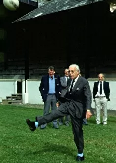 Images Dated 1st September 1986: Denis Thatcher kicking rugby ball September 1986