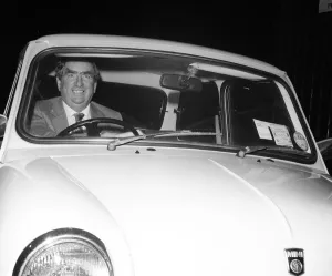 Dennis Healey MP driving in his Mini car October 1980 Dennis Healey MP driving in his Mini car October 1980