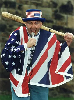 Derek Rae football commentator drapped in US flag August 1991 Derek Rae football commentator drapped in US flag August 1991