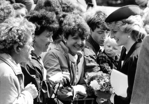Diana, Princes of Wales chats to the smiling crowd. Huge crowds greeted the Prince Diana, Princes of Wales chats to the smiling crowd. Huge crowds greeted the Prince