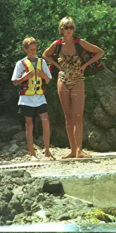 Diana, Princess of Wales with her son Prince Harry on holiday in St Tropez in the South Diana, Princess of Wales with her son Prince Harry on holiday in St Tropez in the South