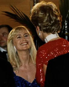 Diana, Princess of Wales talks to actress Susan George as she attends the premiere of Diana, Princess of Wales talks to actress Susan George as she attends the premiere of