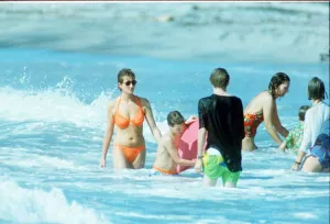 Diana, Princess of Wales in the water with family at Indian Castle Beach during her Nevis Diana, Princess of Wales in the water with family at Indian Castle Beach during her Nevis