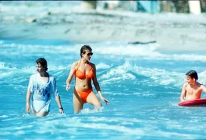 Diana, Princess of Wales in the water at Indian Castle Beach during her Nevis Diana, Princess of Wales in the water at Indian Castle Beach during her Nevis