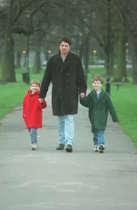 Dominic Taylor actor with his sons Arthur 6 in red coat Dominic Taylor actor with his sons Arthur 6 in red coat